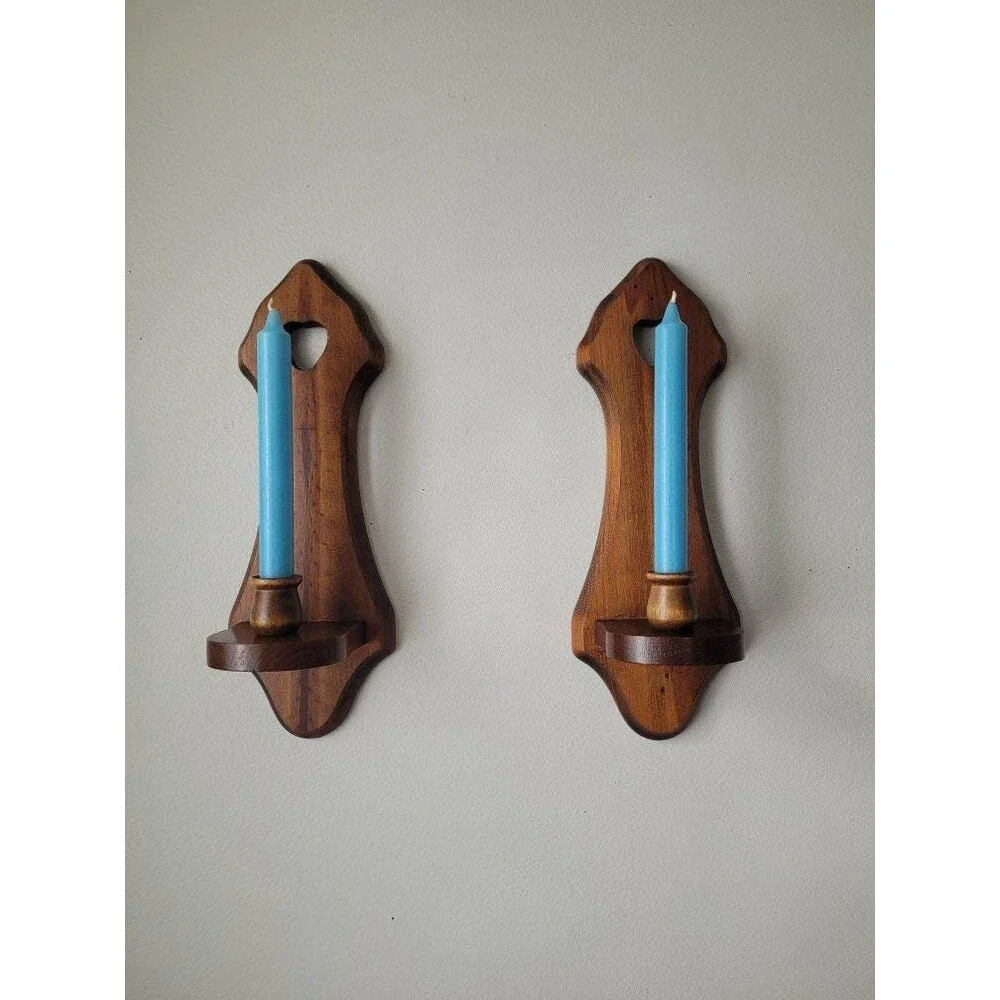 Vintage Heart Wood Wall Candle Sconce Set of 2 1980s